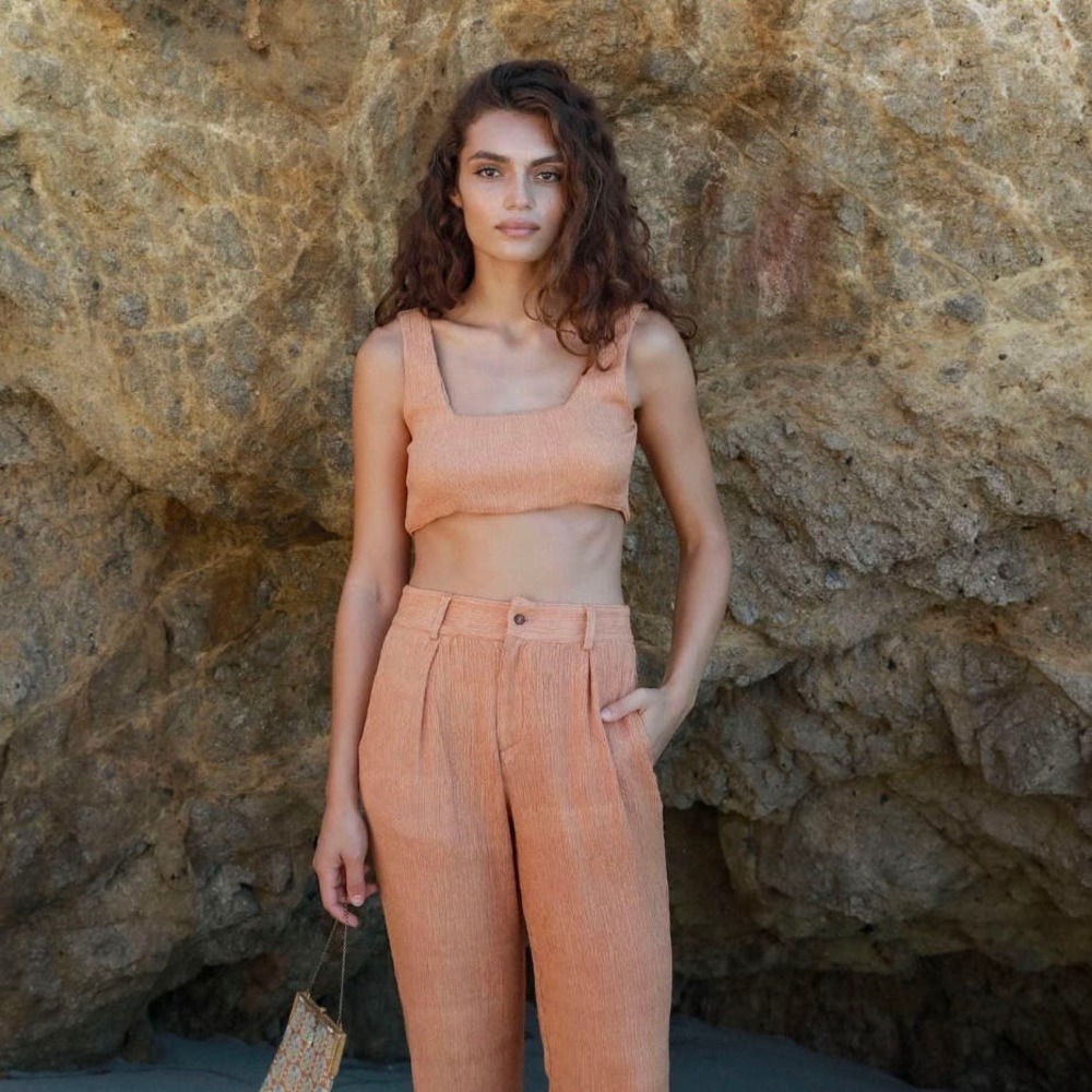 SAVANNAH MORROW Coral Crop Top Women Large Orange Peace Silk Bamboo Crinkle